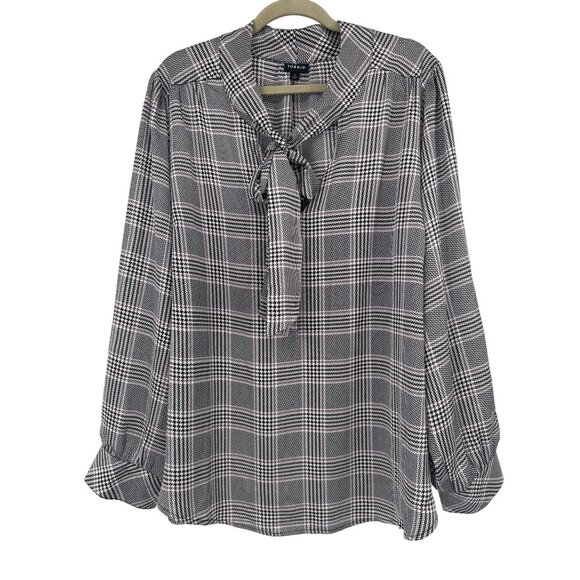 Torrid Size 3x womens Houndstooth Tie-Neck Blouse satin glen plaid career - Picture 2 of 7